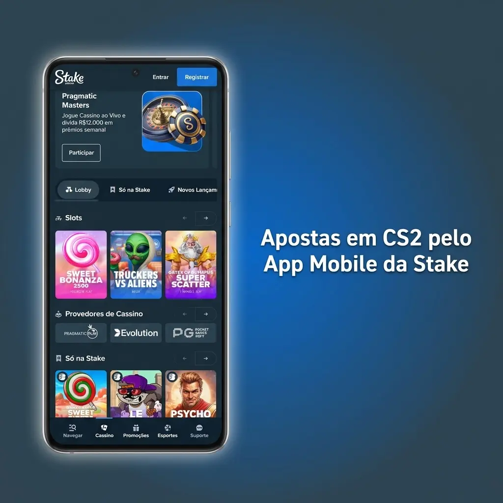 App mobile da Stake para apostas em CS2 no Android, com interface de esports e mercados disponíveis