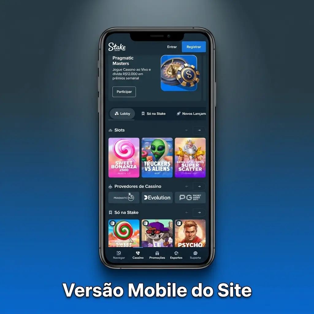 Site móvel da Stake acessado pelo navegador em smartphone, com interface adaptada para toque e navegação intuitiva
