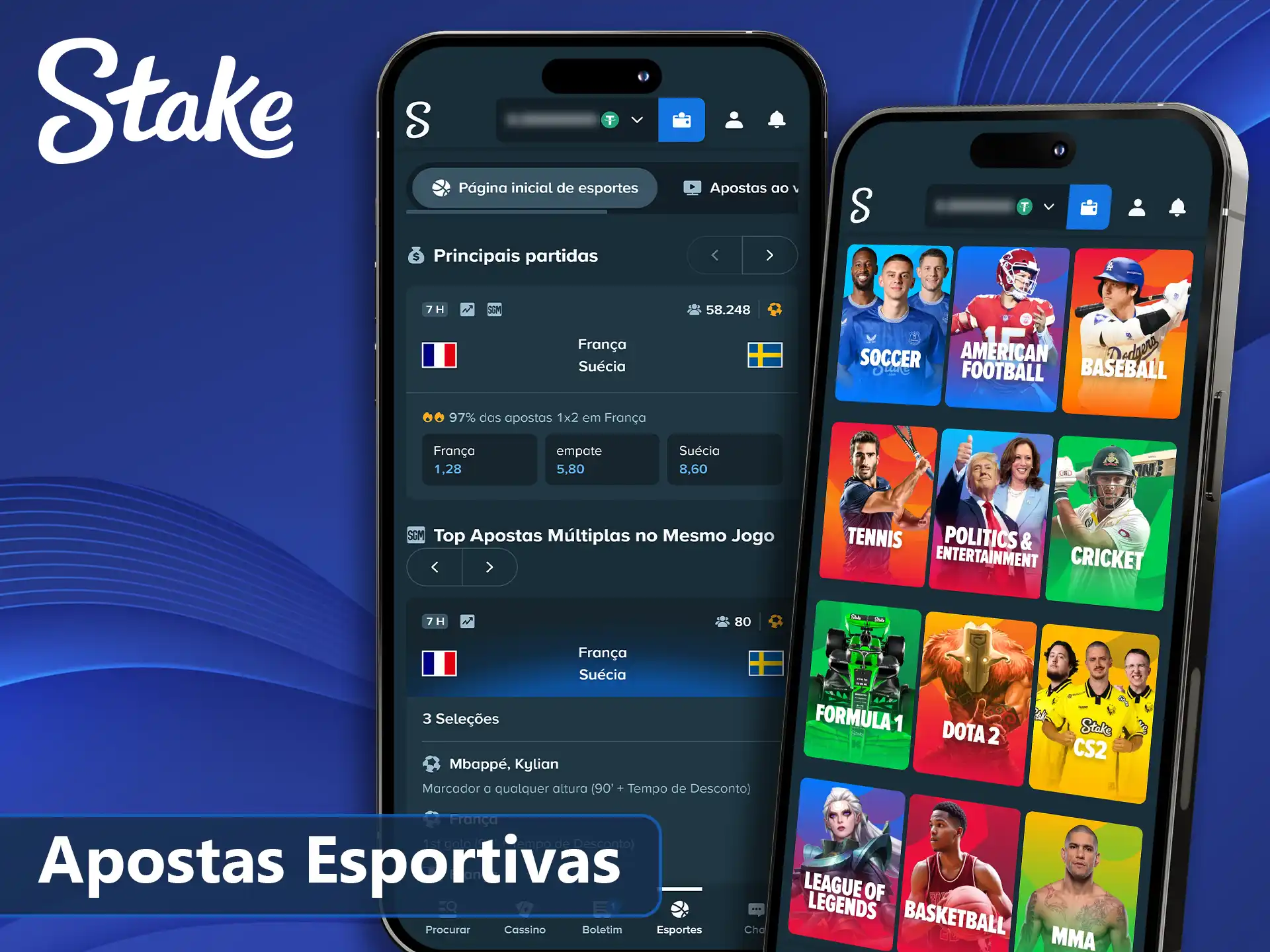 Opções de apostas esportivas online no app Stake.