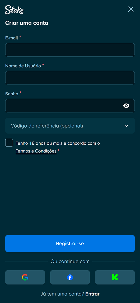 Formulário para criar uma nova conta na Stake.