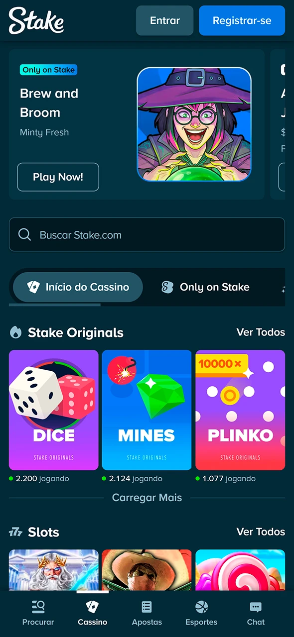 Lobby de jogos de cassino disponíveis na Stake.