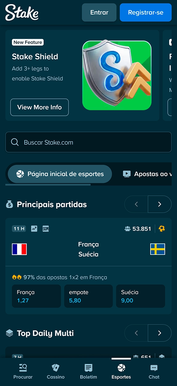 Menu de apostas esportivas online no app Stake.