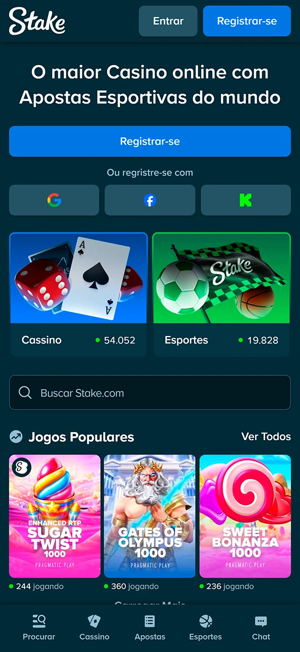 Tela principal com navegação do aplicativo Stake.