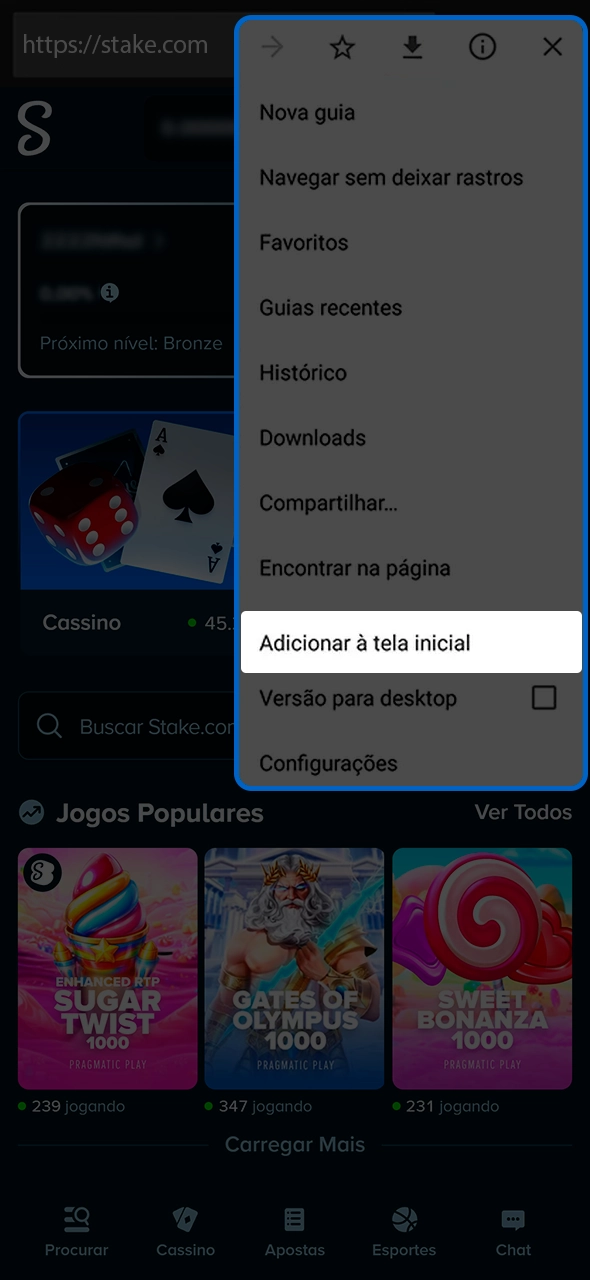 Adicione o atalho da Stake na sua tela inicial.