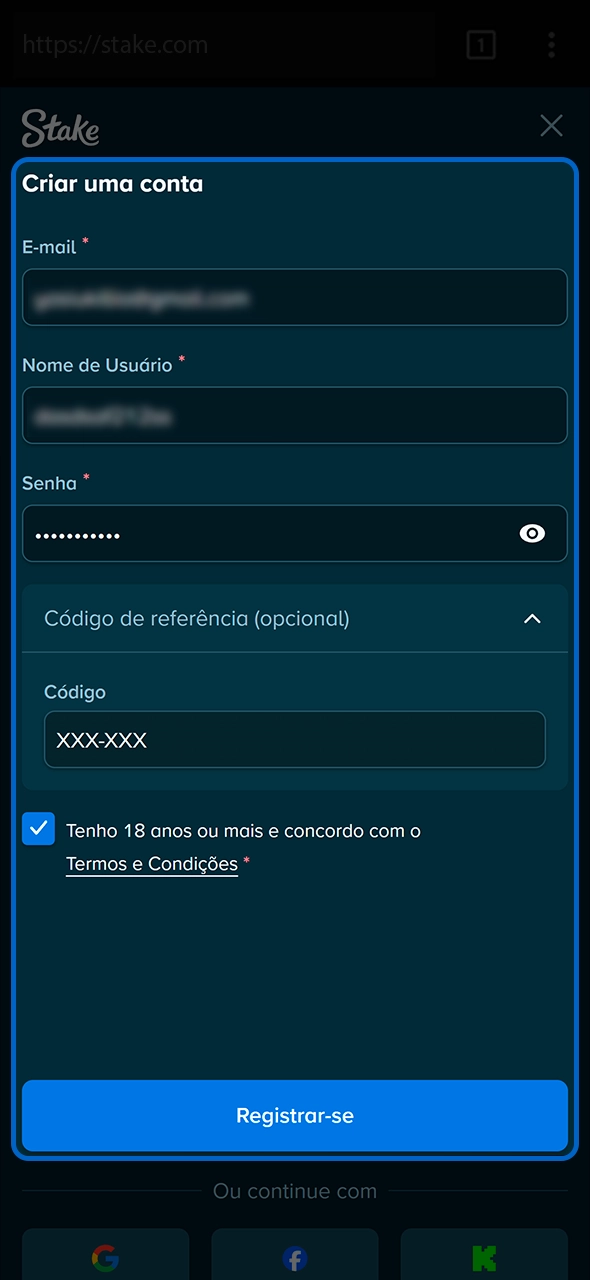 Baixar o arquivo APK e se cadastrar na Stake.