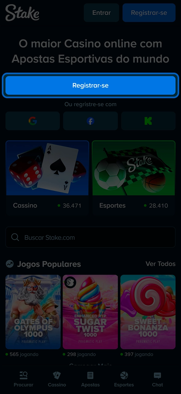 Faça login ou crie sua conta na Stake.