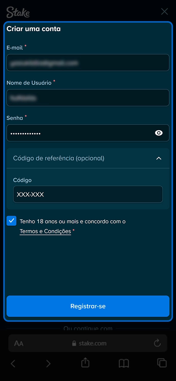 Formulário de cadastro para abrir conta na Stake.