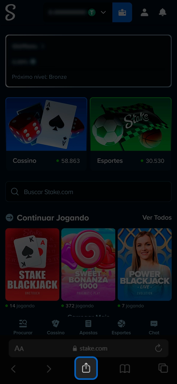 Selecione compartilhar para instalar o app Stake no iOS.