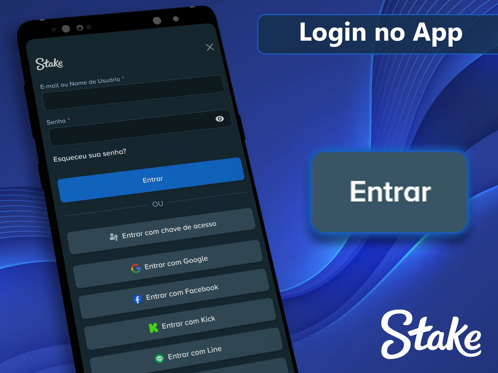 Tela de login rápido no aplicativo da Stake.