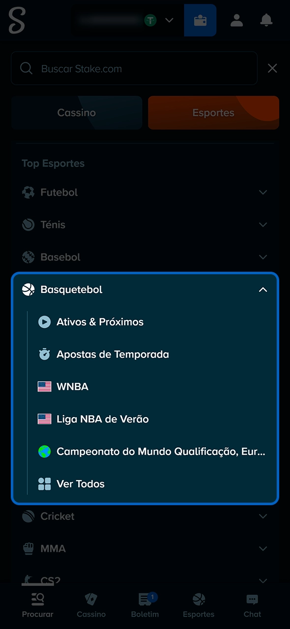 Seleção da categoria de basquete no menu esportivo Stake.