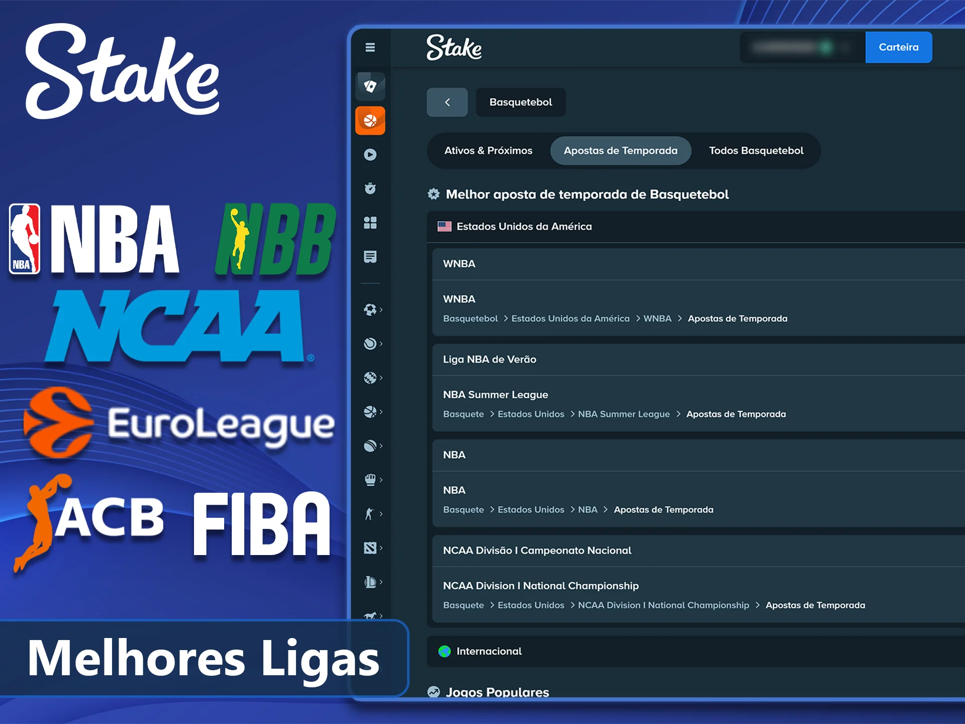 Principais ligas mundiais de basquete abertas na Stake.