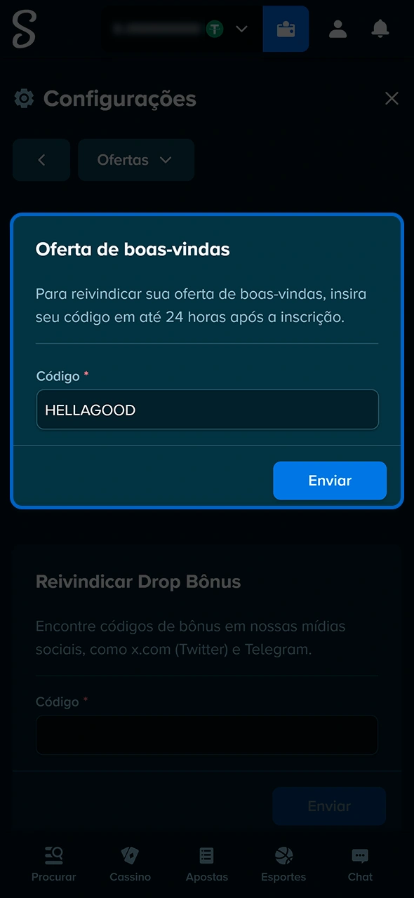 Ativação do código de bônus HELLAGOOD na Stake.