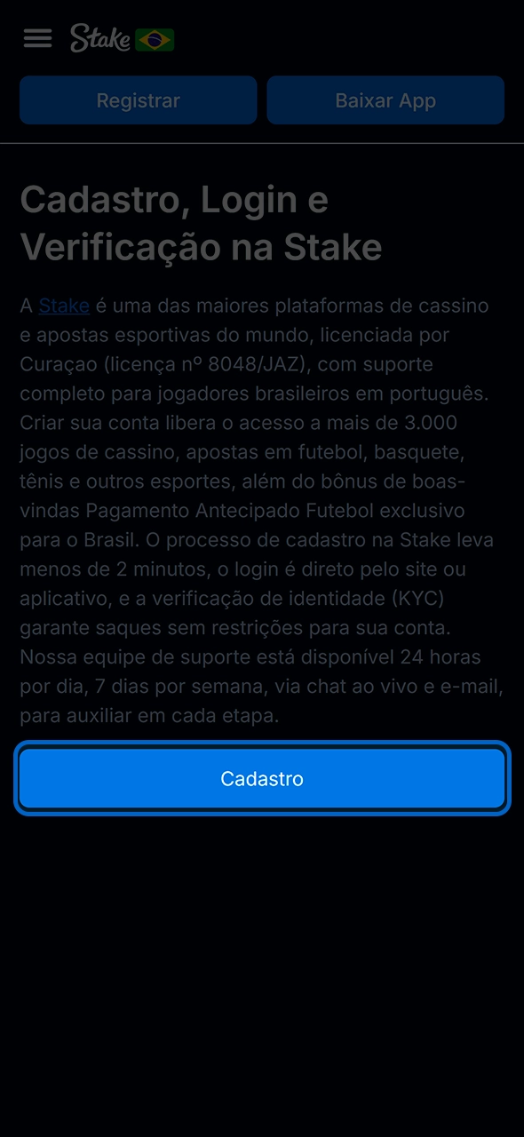 Clique no botão oficial para se cadastrar na Stake.