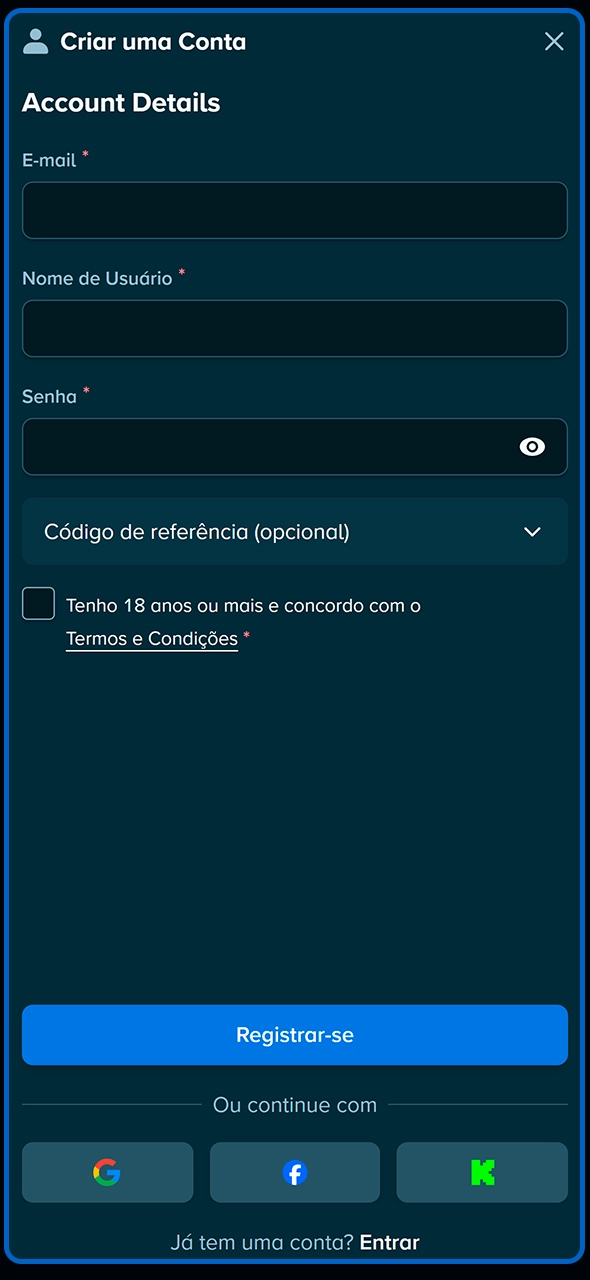 Opções disponíveis para criar sua conta na Stake.