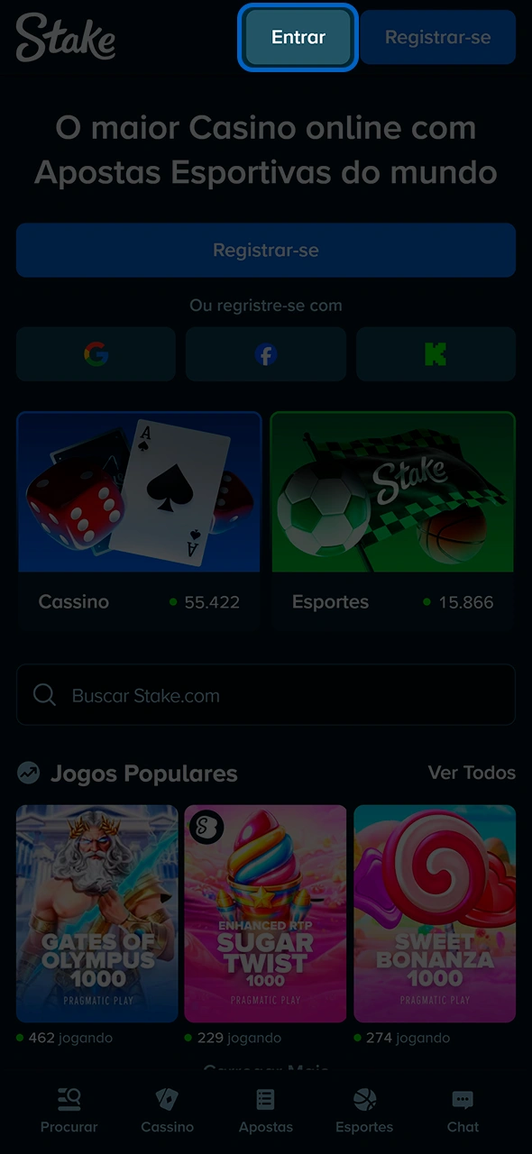 Botão oficial para entrar na plataforma da Stake.