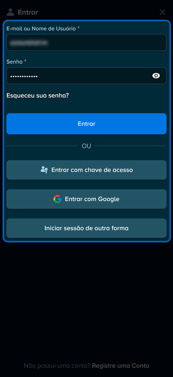 Campos de login e senha para acessar a Stake.