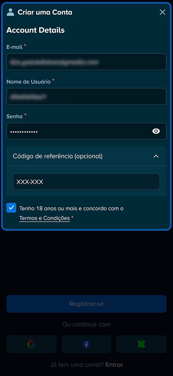 Formulário de dados para registro no site da Stake.