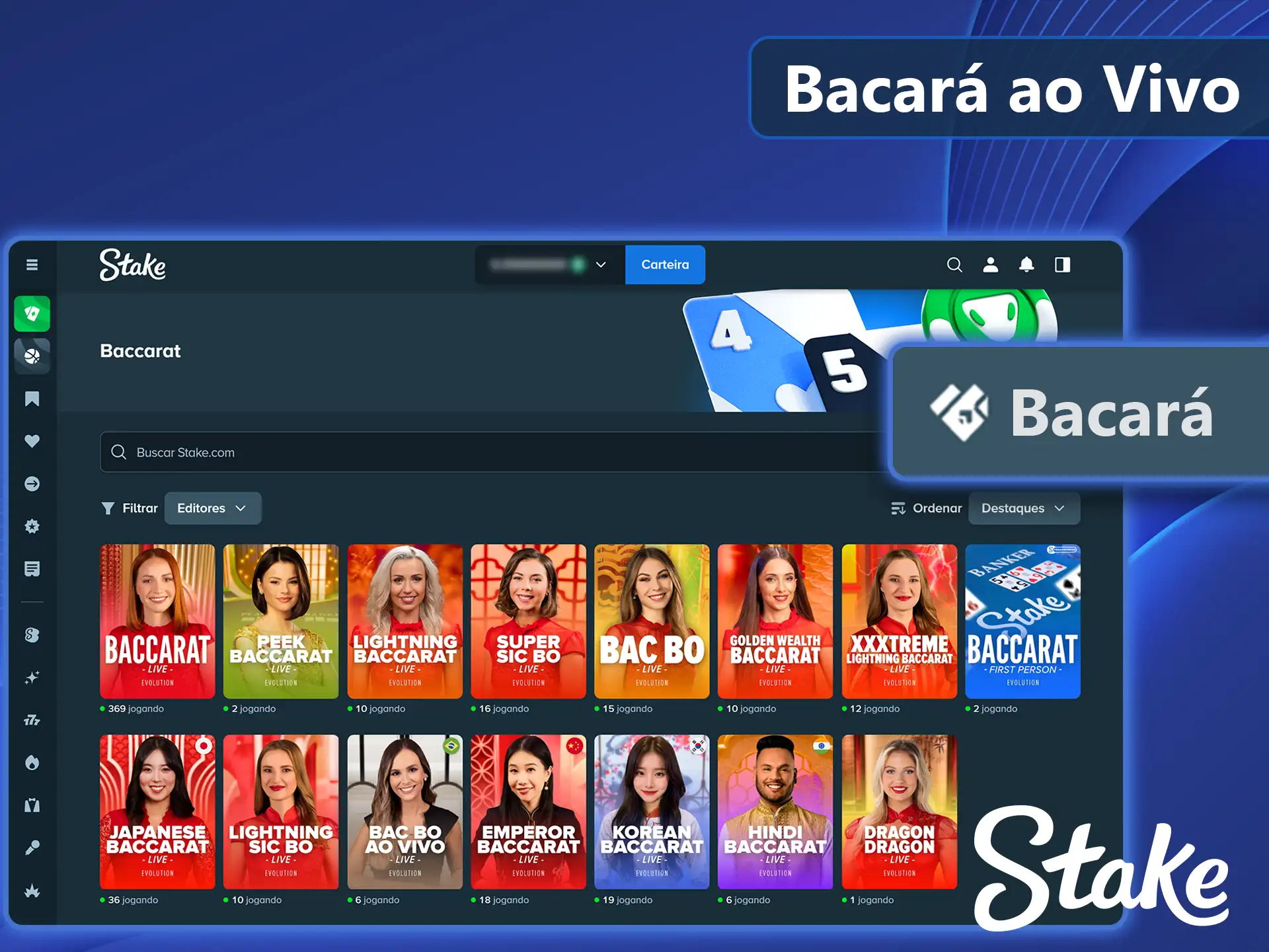 Mesas de bacará online em transmissão direta na Stake.