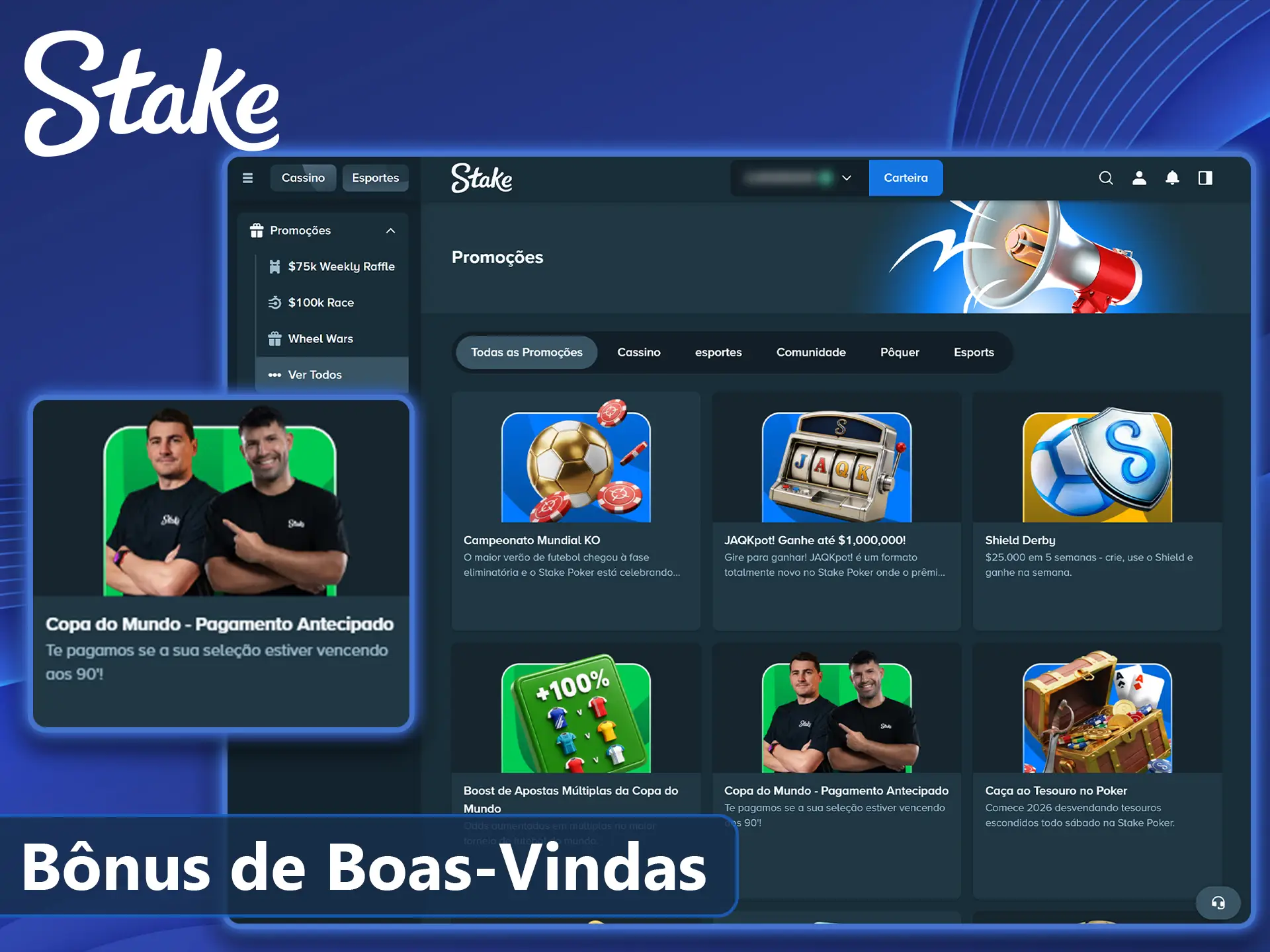 Promoção de boas-vindas para usar no cassino Stake.