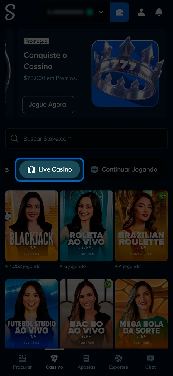 Clicando no menu de cassino ao vivo da Stake.