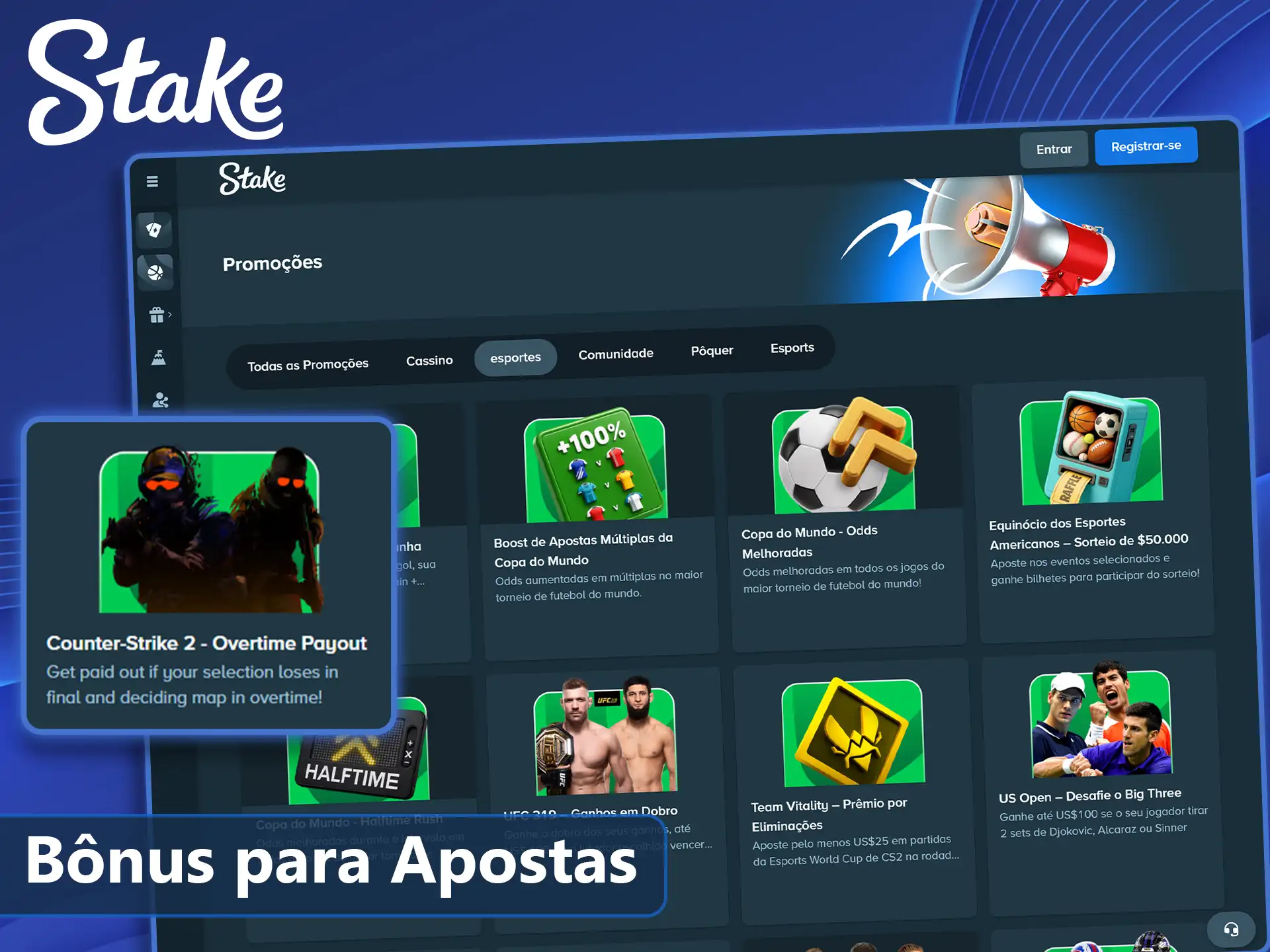 Promoção de boas-vindas para apostar em CS2 na Stake.