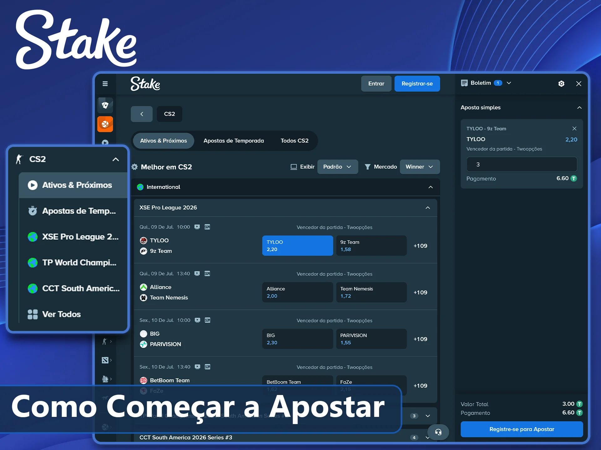 Passo a passo para apostar em CS2 na Stake.