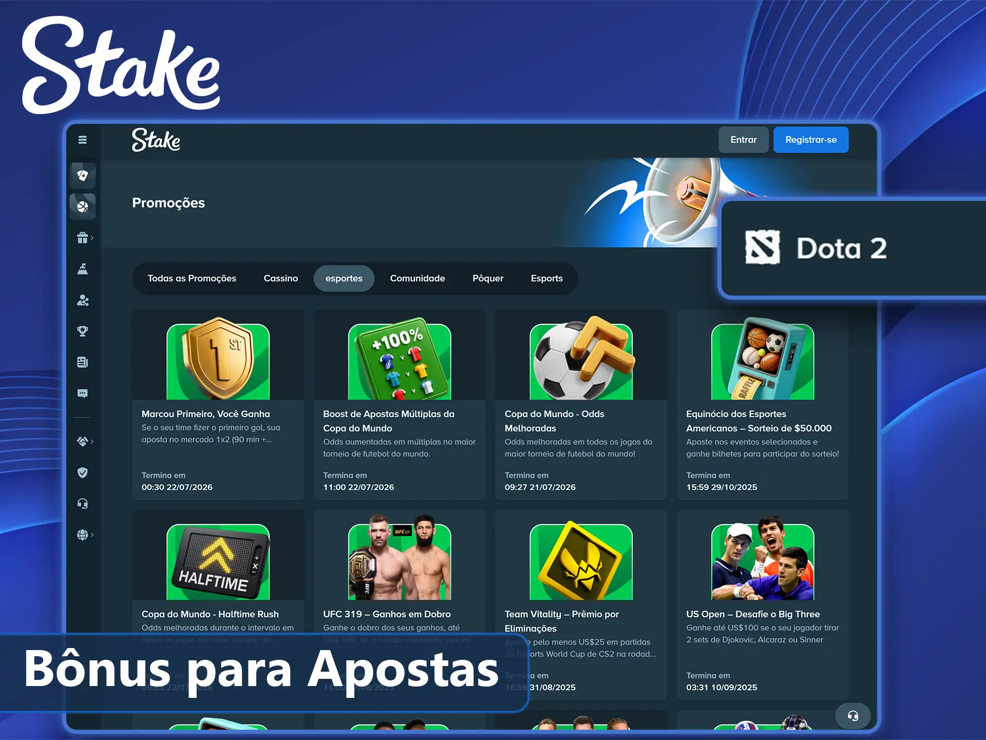 Promoção de boas-vindas para apostar em eSports na Stake.