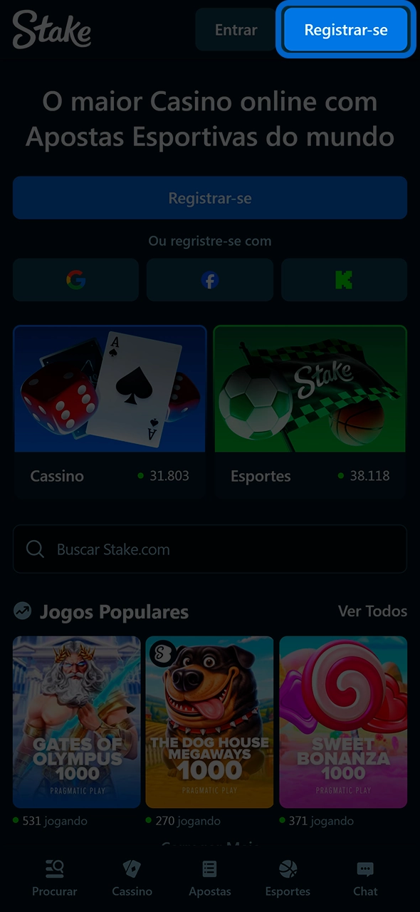 Botão oficial de registro de nova conta na Stake.