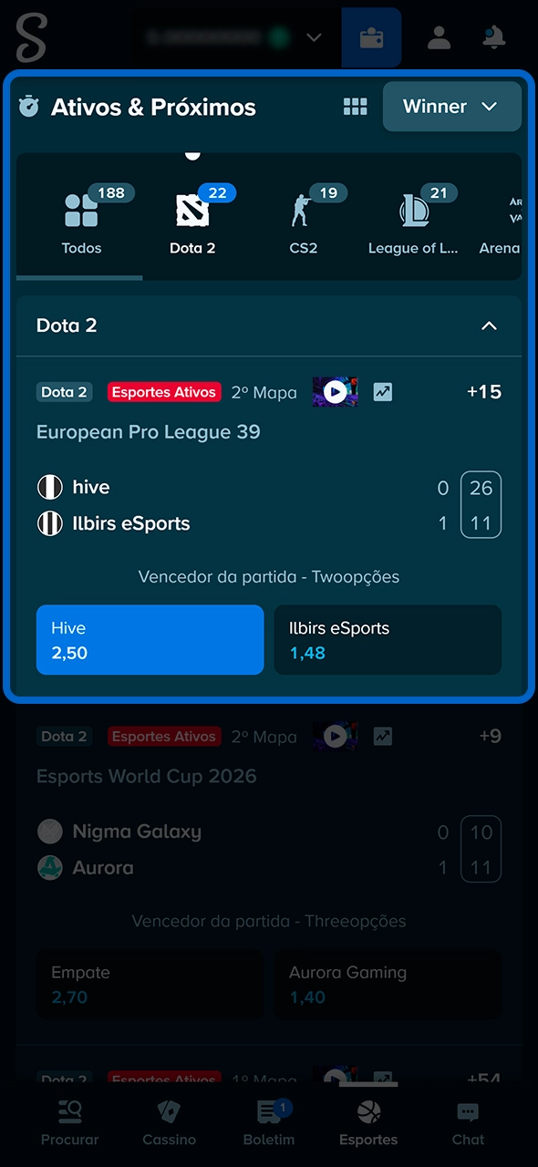 Confirmação de palpite de eSports no cupom da Stake.