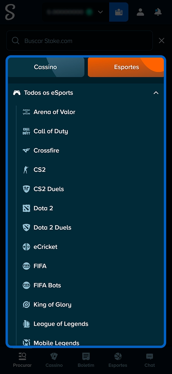 Confirmação de palpite de eSports no cupom da Stake.