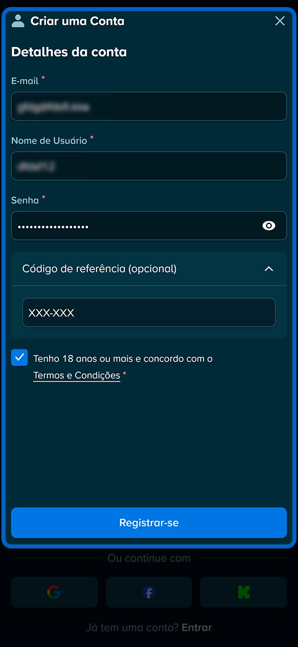 Formulário de cadastro de usuário no site da Stake.