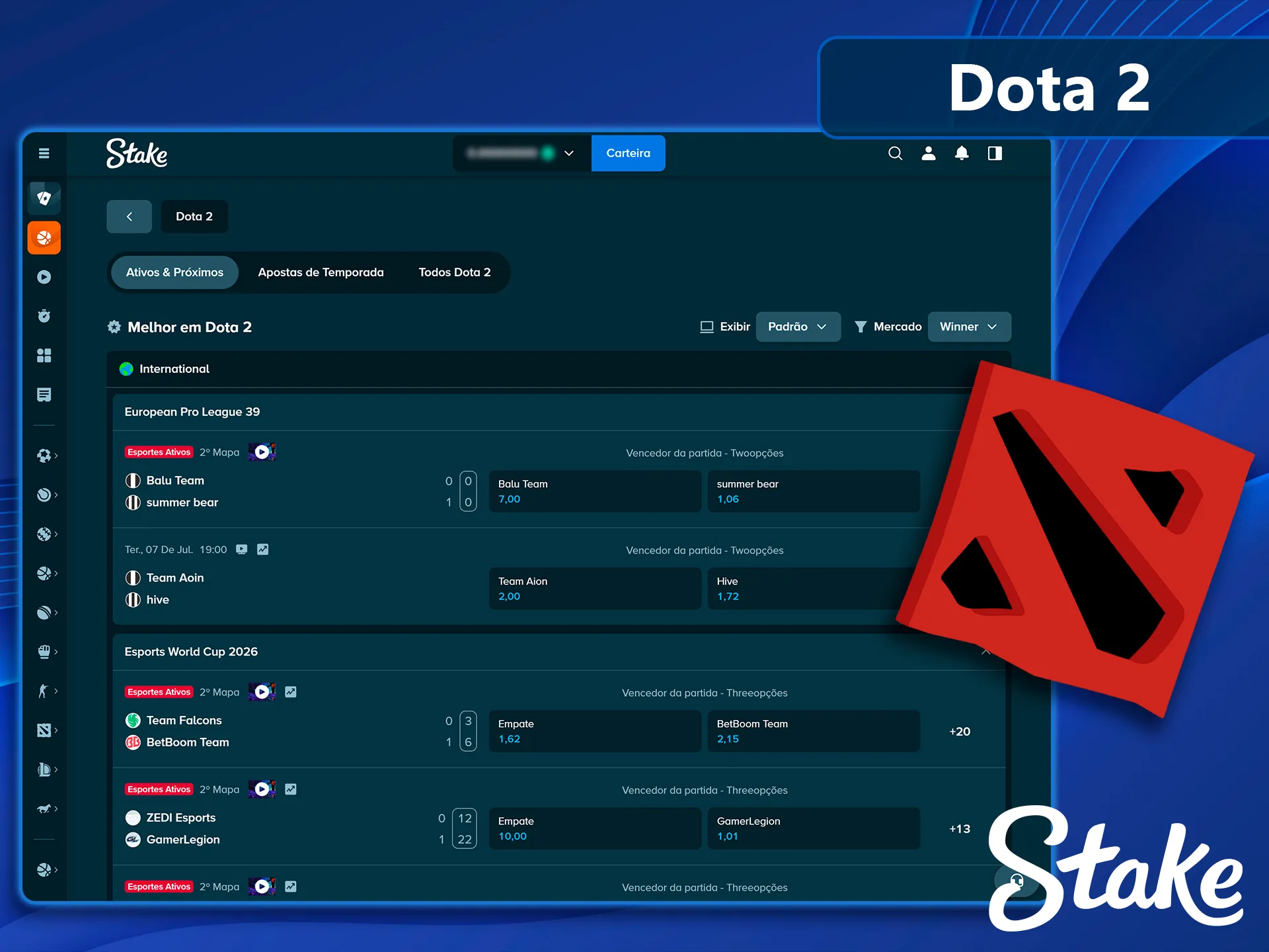 Mercados de apostas online para Dota 2 na Stake.
