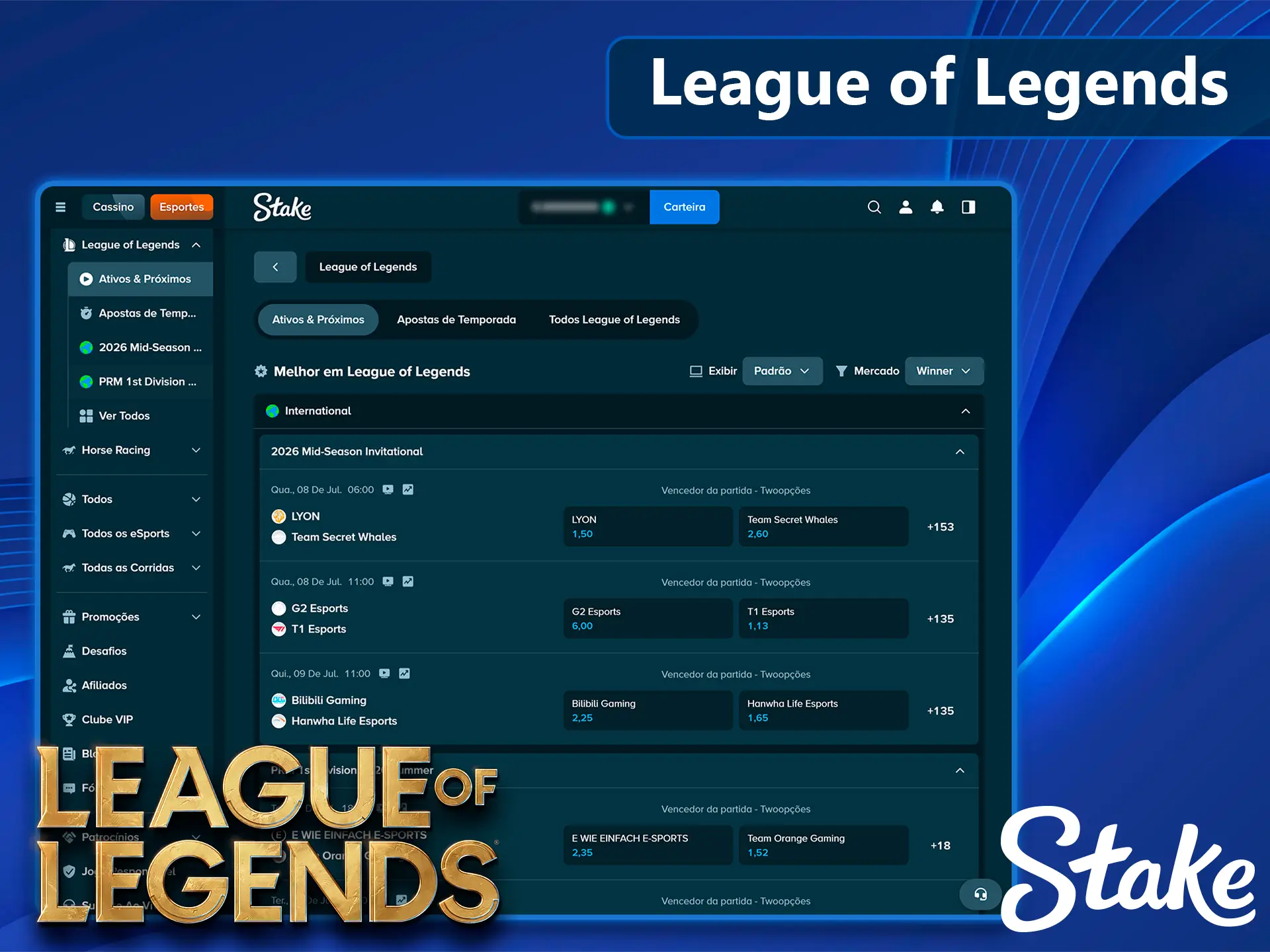 Apostas em partidas de League of Legends na Stake.