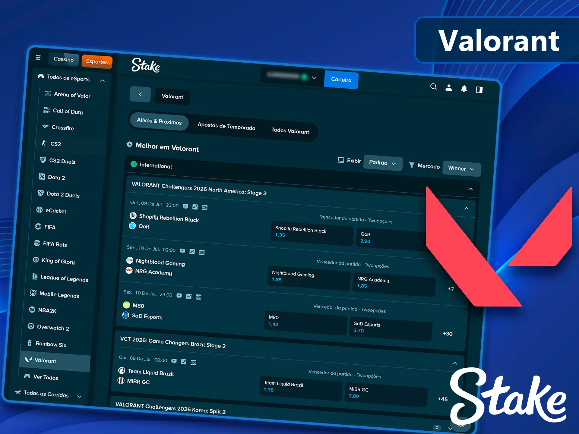 Cobertura de torneios de Valorant para apostar na Stake.