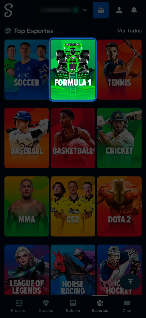 Seleção da categoria de Fórmula 1 na Stake.