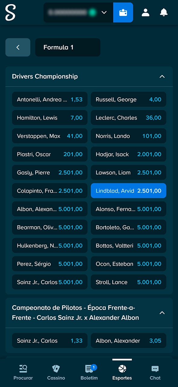 Confirmação de palpite de F1 no cupom da Stake.