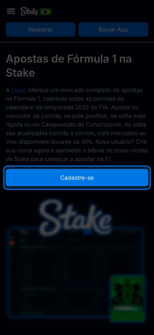 Formulário de cadastro de usuário no site da Stake.
