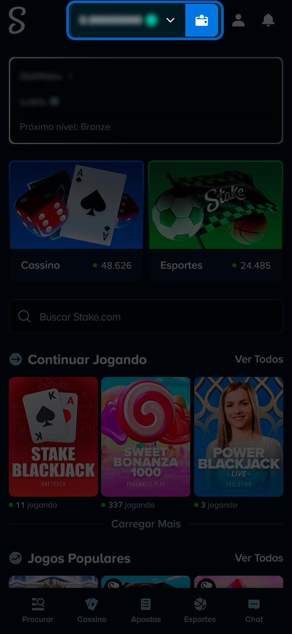 Adicionando saldo para apostas em futebol na Stake.