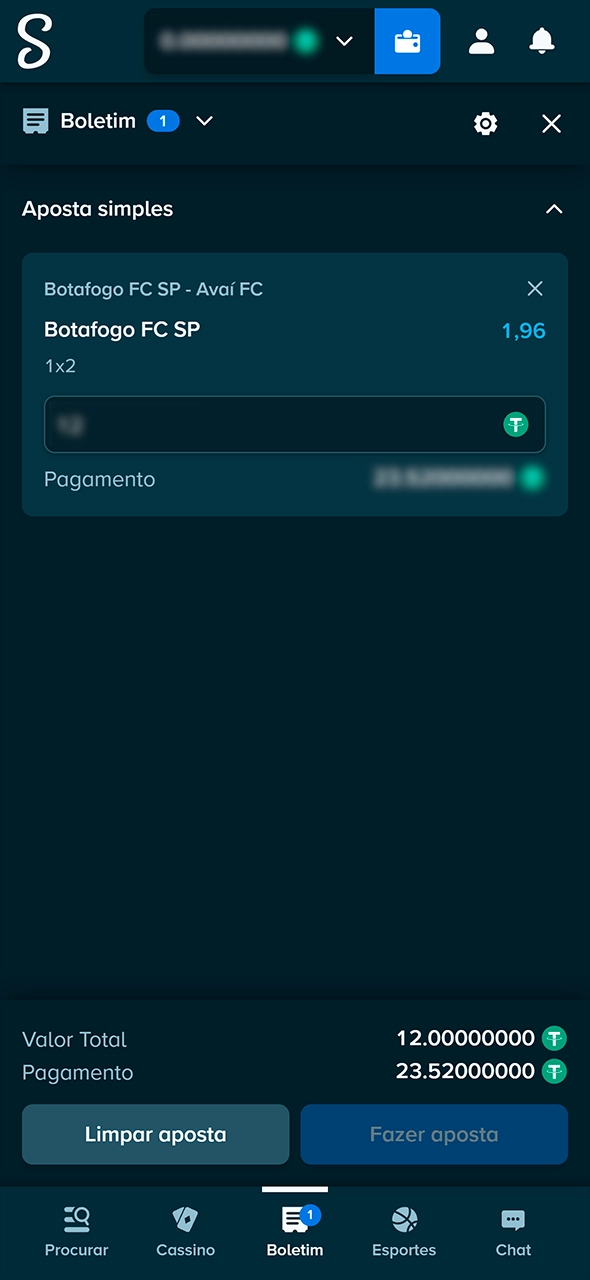 Confirmação do bilhete de apostas em futebol na Stake.