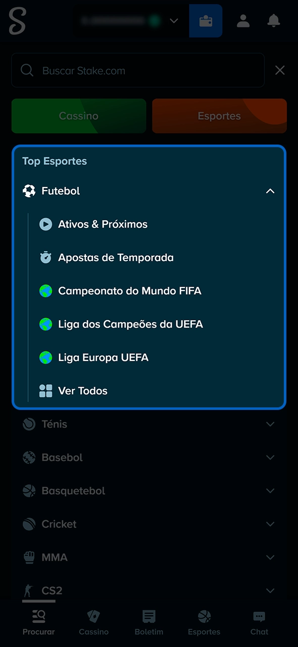 Navegando pelo menu esportivo do site da Stake.