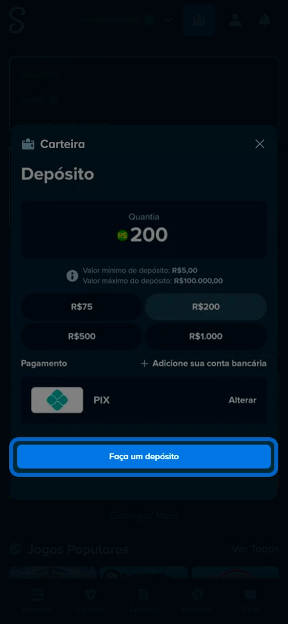 Tela de confirmação de depósito seguro na Stake.