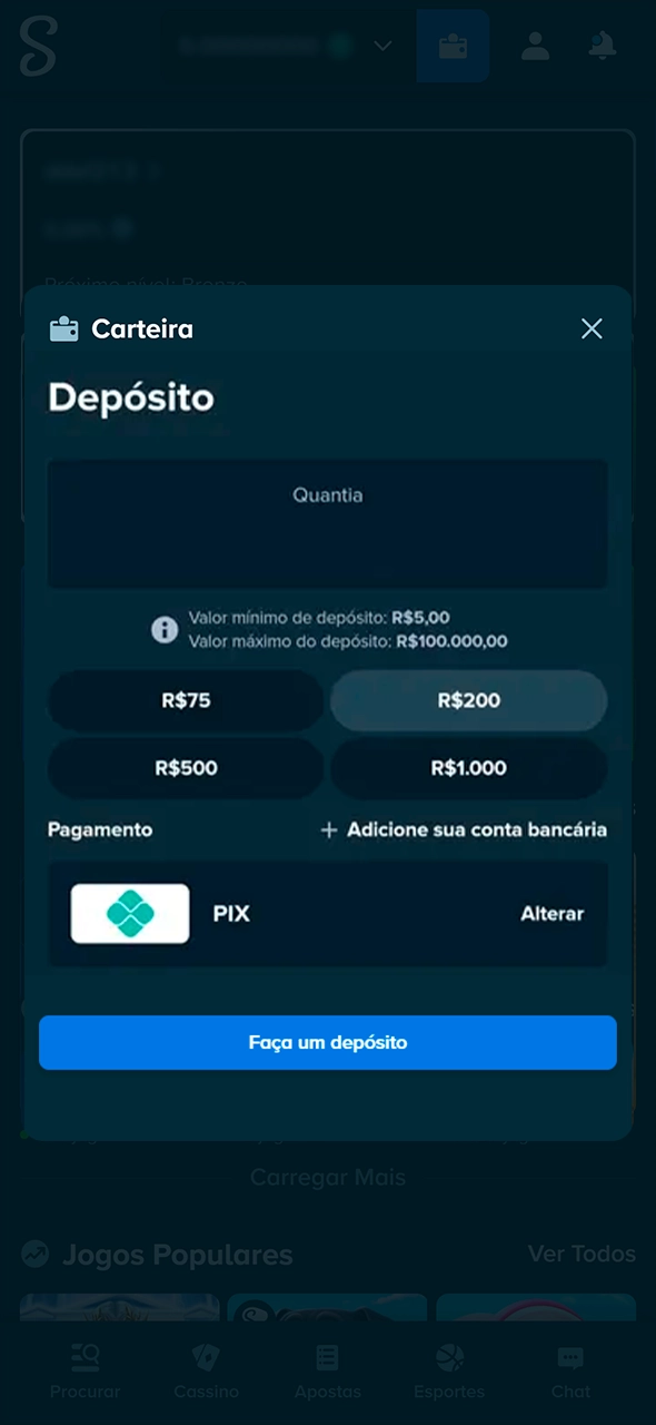 Seleção de opções de pagamento disponíveis na Stake.