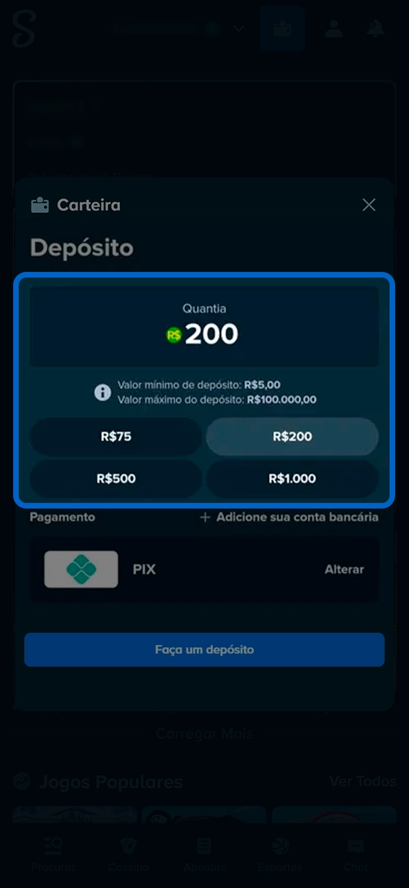Campo para definir valor de recarga na Stake.