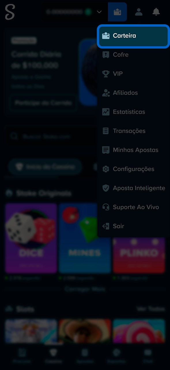 Acessando o menu de finanças no site Stake.