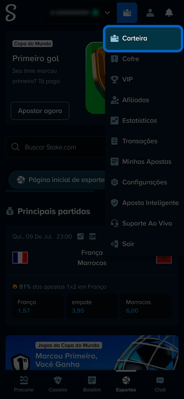 Abrindo a carteira digital interna da conta Stake.