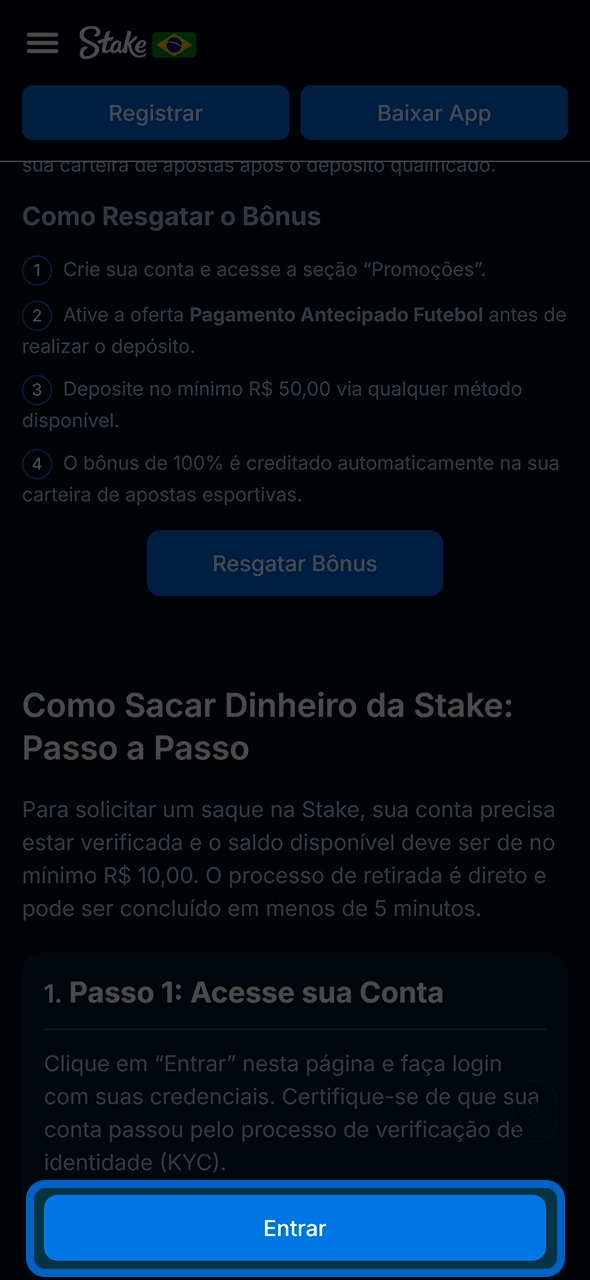 Acesso ao perfil de usuário na plataforma Stake.