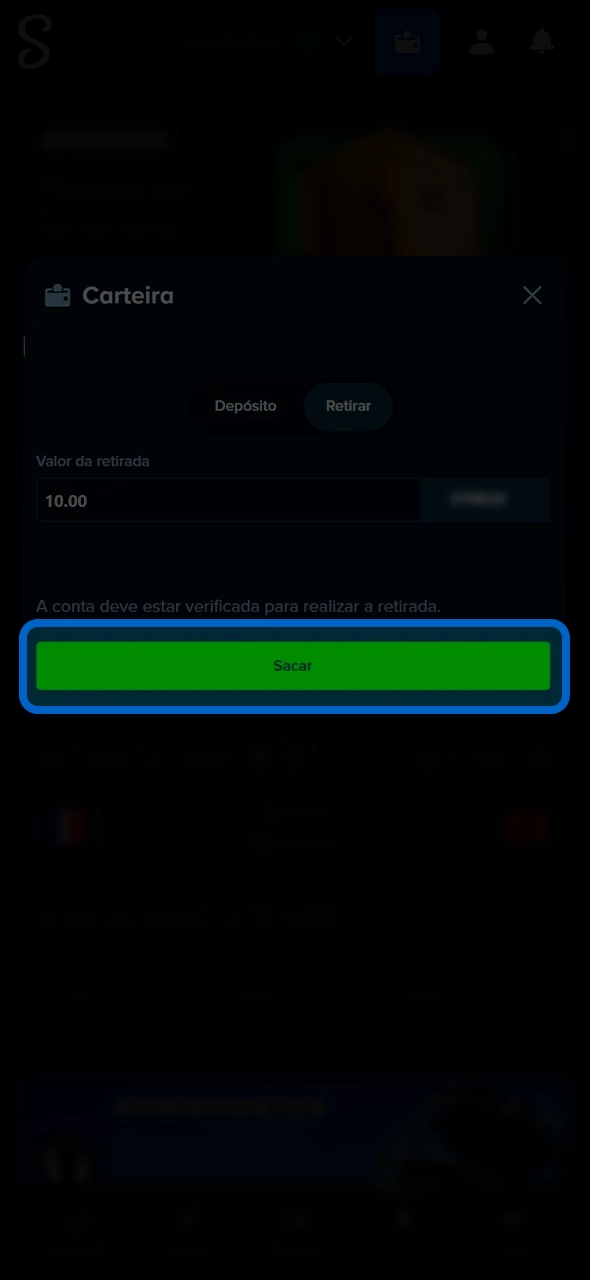 Conclusão do pedido de saque de saldo na Stake.