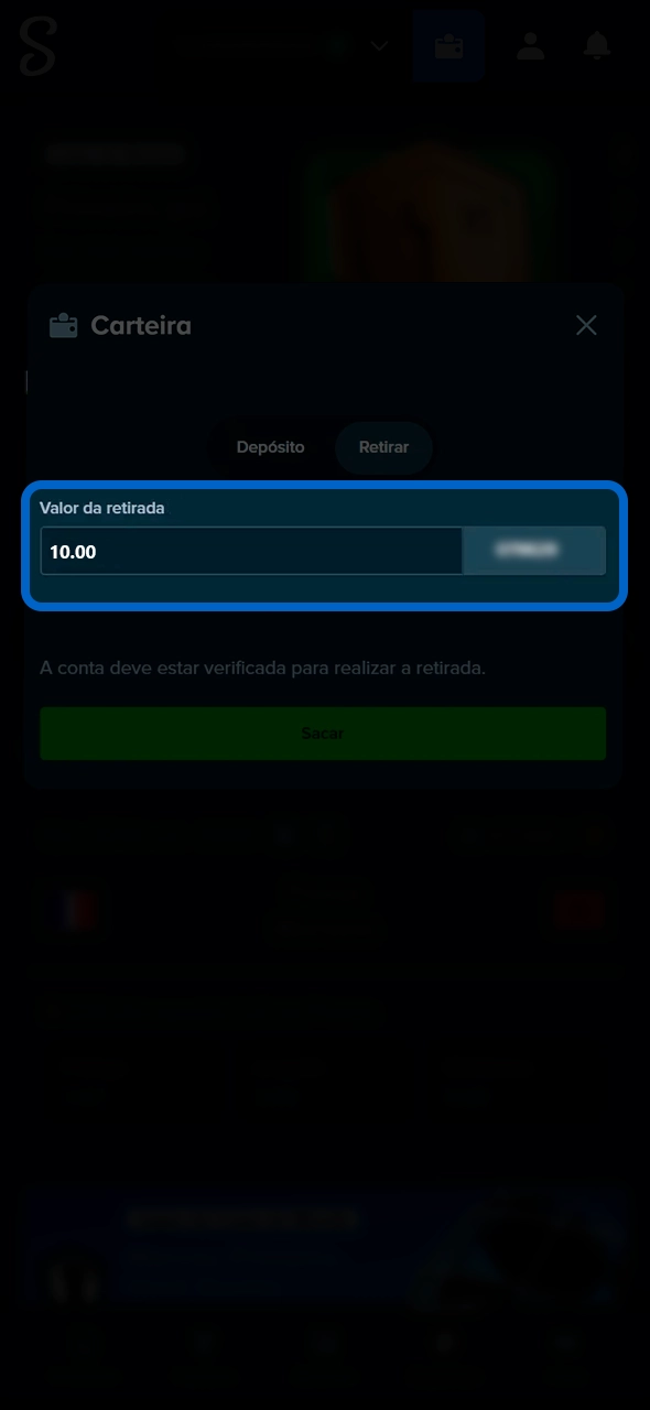 Preenchimento de dados de retirada de fundos na Stake.