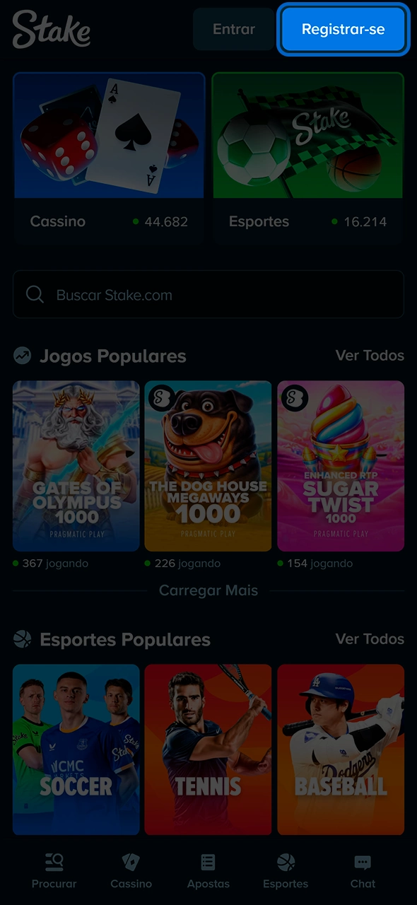 Formulário de registro para novos usuários na Stake.