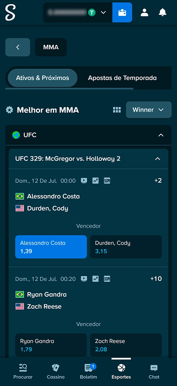 Confirmação do palpite de MMA no cupom da Stake.